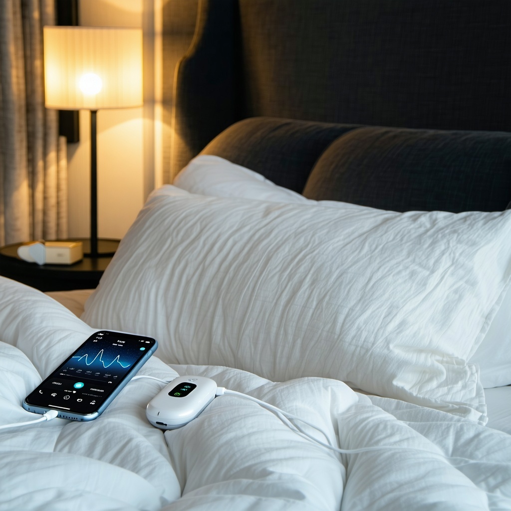 The image depicts a serene bedroom scene softly illuminated by a warm bedside lamp The bed is neatly made with crisp white linens and a fluffy comforter inviting relaxation On the pillow rests a compact modern pulse oximeter its sleek design contrast-1